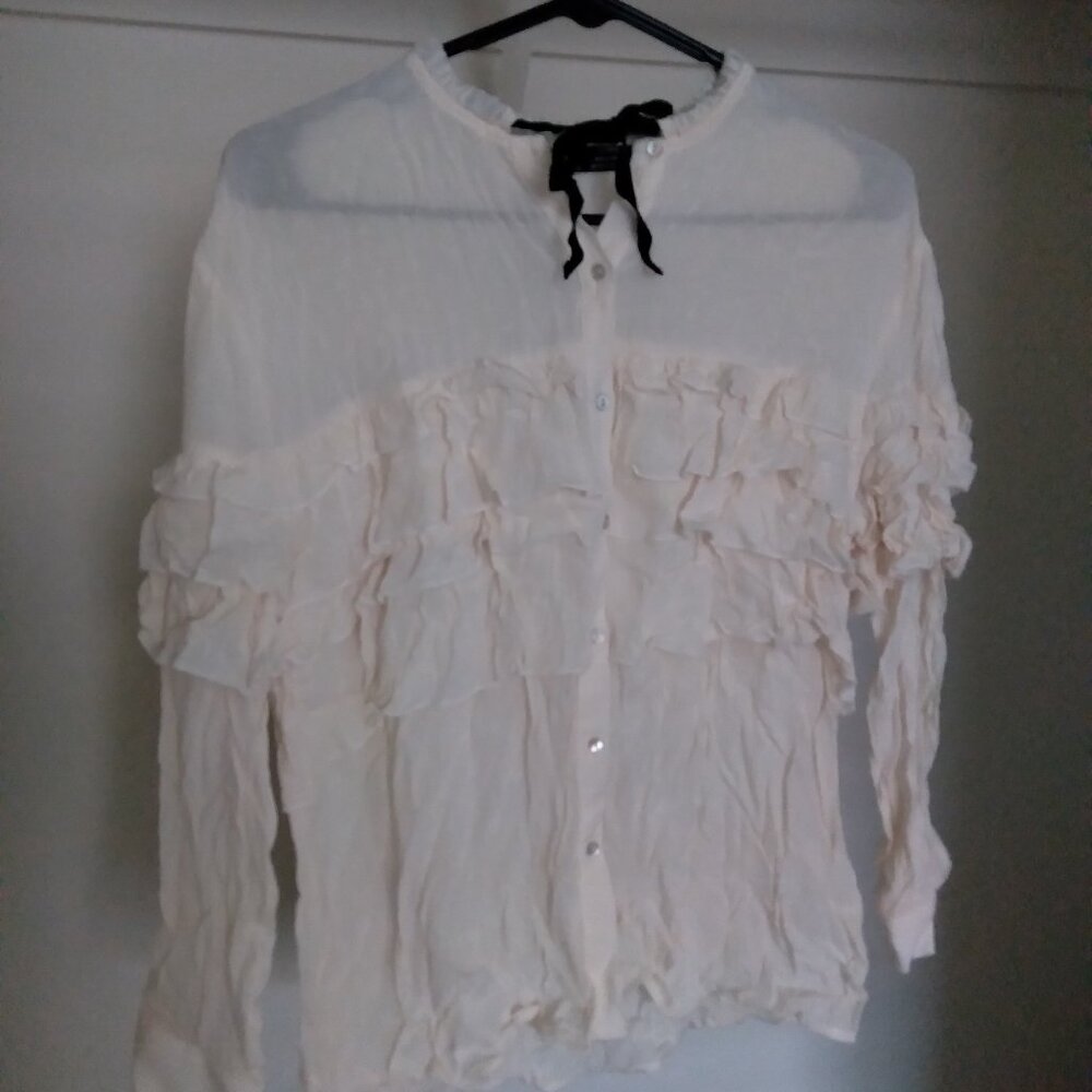 Zara Cream Button Front Ruffle Sheer Blouse with Black Ribbon Tie Size Small NWT